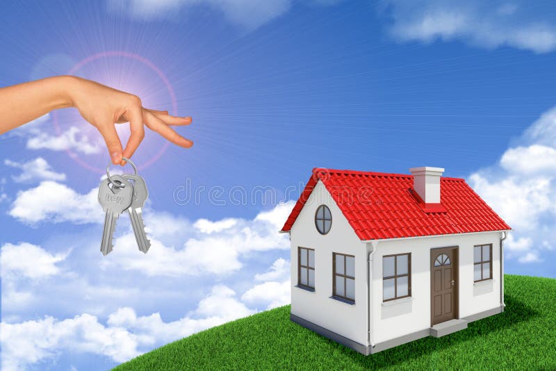 House with hand holding keys on green hill. House with hand holding keys on green hill