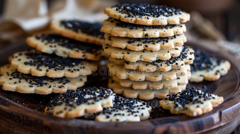 домашнее черное кунжутное семя cookies, сложенное на темном фоне. черный кунжутный хлеб. кустарное печенье из черного кунжутного семени, искусственно сложенное, иллюстрирует сплав вкуса и текстуры, идеально подходящий для фотографий кулинарного склада