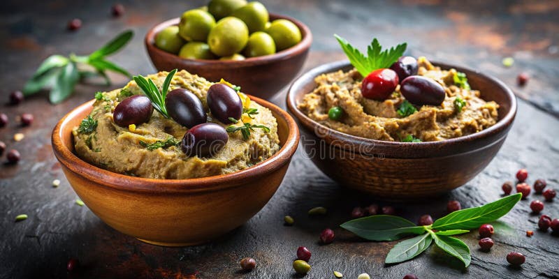 Домашний кремовый черно-зеленый оливковый тапенад Распространить Вкусные сельский погружение в боулы на бетоне для средиземноморск бесплатная иллюстрация