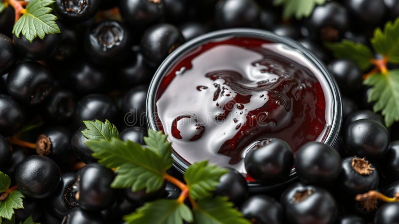 Домашний Чёрный Смородина Jam с свежими ягодами Летний восхитительный изысканный десерт рецепт иллюстрация штока