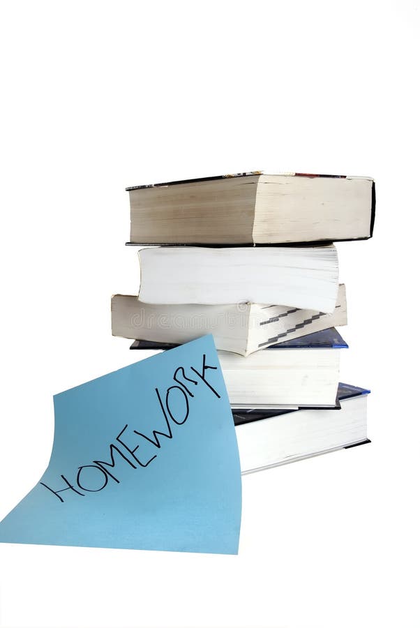 Pile of books and homework sign against white backround. Pile of books and homework sign against white backround