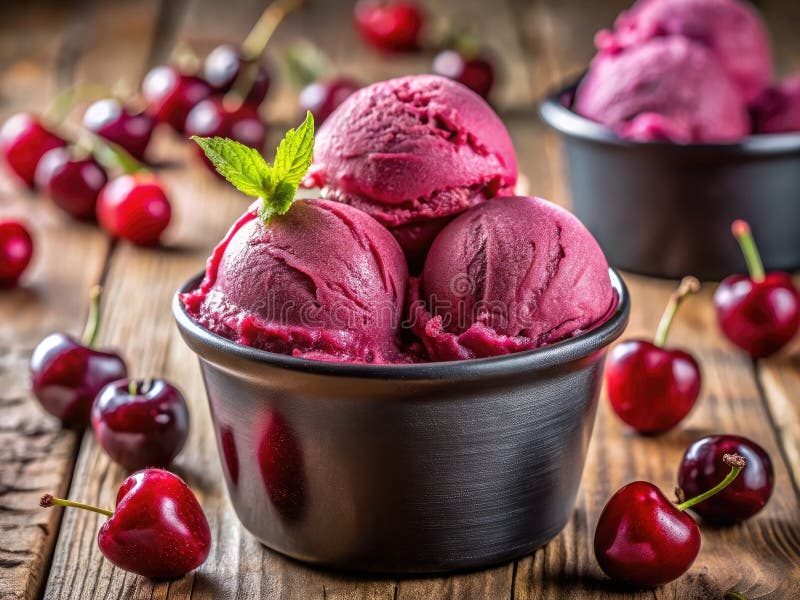 Домашняя черная вишня мороженое сливочное вкусное летнее угощение в ледяной тубе иллюстрация штока