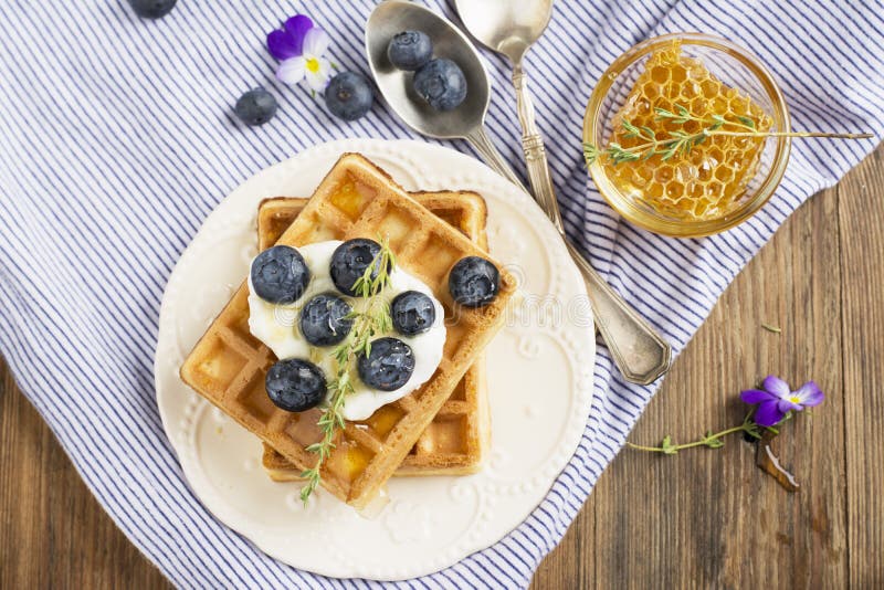 Домодельные свежие кудрявые waffles для завтрака с голубиками стоковая фотография rf Домодельные свежие кудрявые waffles для завтрака с голубиками стоковая фотография rf