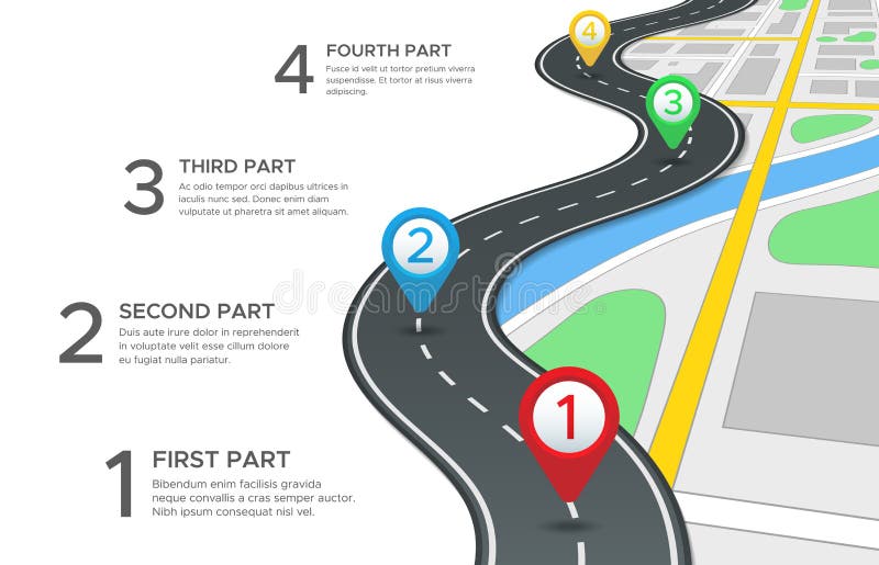 Highway road infographic. Street roads map, gps navigation way path direction and town journey route pin directions gps navigate blank asphalt highways marker sign 3d vector concept. Highway road infographic. Street roads map, gps navigation way path direction and town journey route pin directions gps navigate blank asphalt highways marker sign 3d vector concept