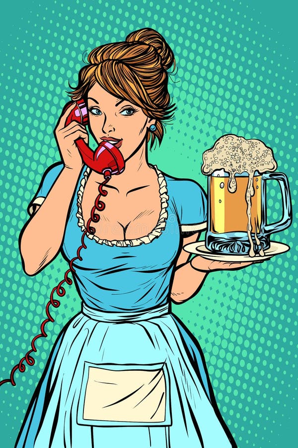 Delivery. Hotel service. Waitress. mug of beer. Comic cartoon pop art retro vector drawing. Delivery. Hotel service. Waitress. mug of beer. Comic cartoon pop art retro vector drawing