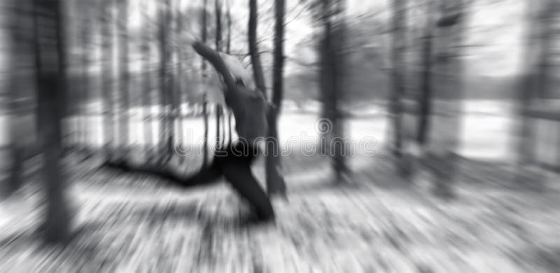 Monochrome blur of dancer leaping in woods, in snow. Monochrome blur of dancer leaping in woods, in snow.