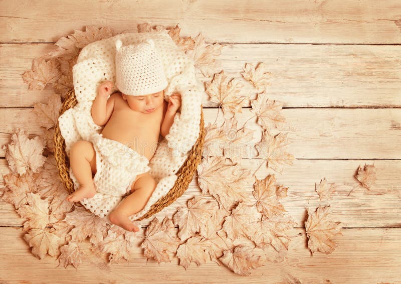 Древесина осени спать младенца, ребенк новорожденного, уснувшее Newborn стоковое фото