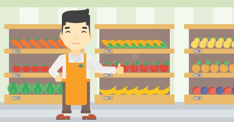 An asian young male supermarket worker showing thumb up on the background of shelves with vegetables and fruits in supermarket. Vector flat design illustration. Horizontal layout. An asian young male supermarket worker showing thumb up on the background of shelves with vegetables and fruits in supermarket. Vector flat design illustration. Horizontal layout.