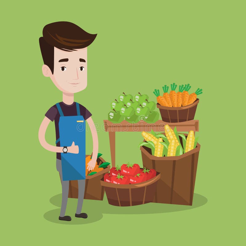 Young caucasian male supermarket worker giving thumb up while standing on the background of shelves with vegetables and fruits in supermarket. Vector flat design illustration. Square layout. Young caucasian male supermarket worker giving thumb up while standing on the background of shelves with vegetables and fruits in supermarket. Vector flat design illustration. Square layout.