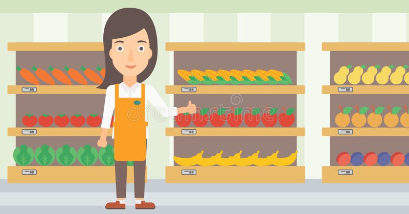 A supermarket worker showing thumb up on the background of shelves with vegetables and fruits in supermarket vector flat design illustration. Horizontal layout. A supermarket worker showing thumb up on the background of shelves with vegetables and fruits in supermarket vector flat design illustration. Horizontal layout.