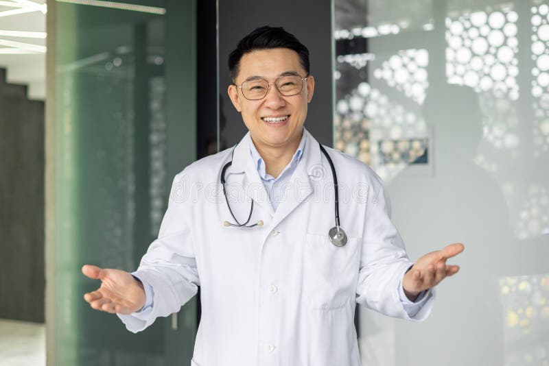 A cheerful Asian doctor in a white coat and stethoscope smiling warmly and gesturing with hands in a contemporary clinic setting, conveying trust and professionalism. A cheerful Asian doctor in a white coat and stethoscope smiling warmly and gesturing with hands in a contemporary clinic setting, conveying trust and professionalism.