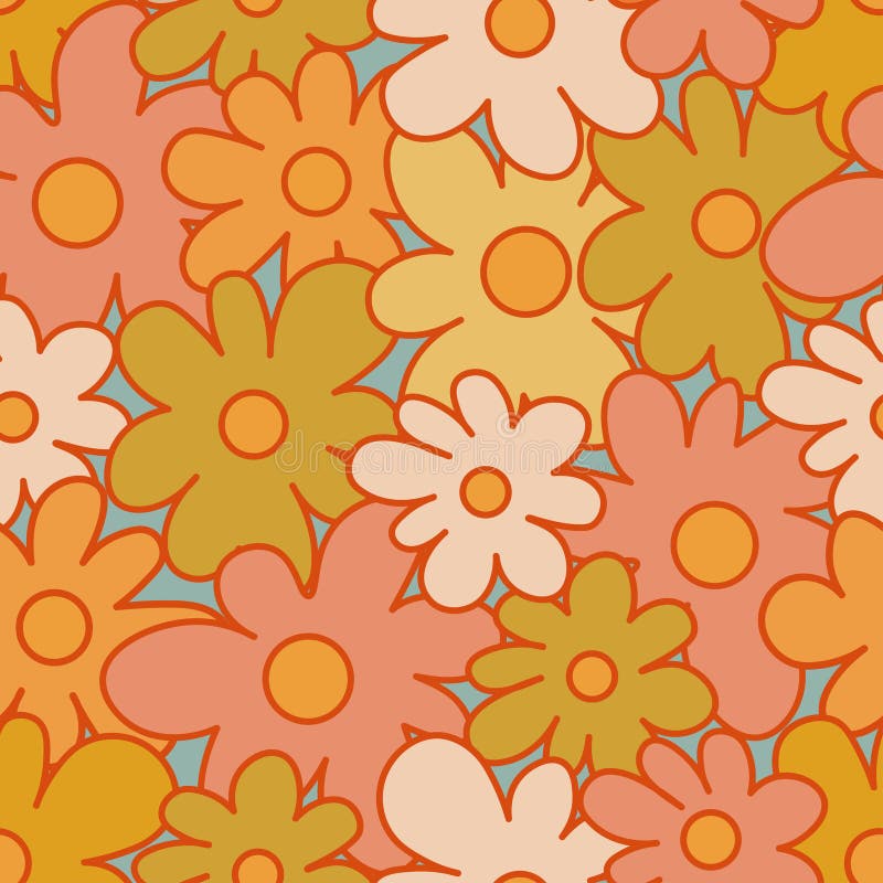 70s Retro Seamless Pattern with Stylized Flowers. 60s and 70s Retro