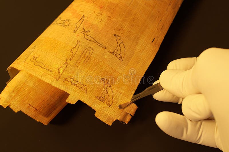 Egyptian hieroglyphs on papyrus analyzing by archaeologist. Egyptian hieroglyphs on papyrus analyzing by archaeologist