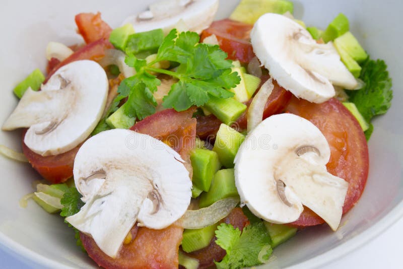 Еда vegan авокадоа томатов салата свежего овоща сырцовая с сырцовыми champignons, величает сырцовые овощи с оливковым маслом стоковая фотография Еда vegan авокадоа томатов салата свежего овоща сырцовая с сырцовыми champignons, величает сырцовые овощи с оливковым маслом стоковая фотография