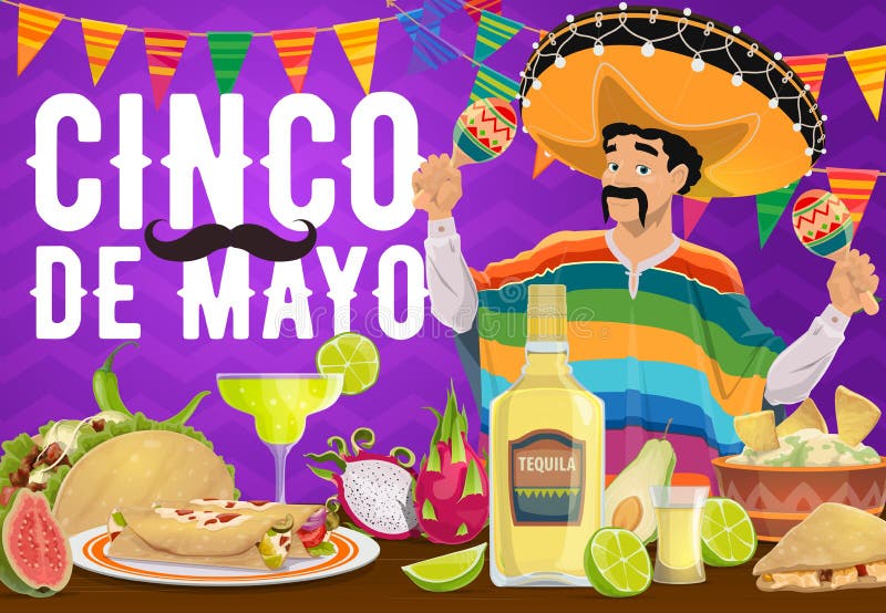 Еда и mariachi праздника де майо cinco мексиканские иллюстрация вектора
