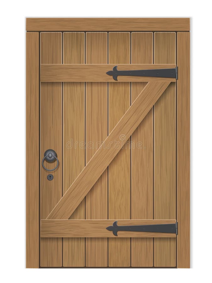Old wooden door. Closed door, made of wooden planks, with iron hinges. Vector detailed isolated illustration. Old wooden door. Closed door, made of wooden planks, with iron hinges. Vector detailed isolated illustration.