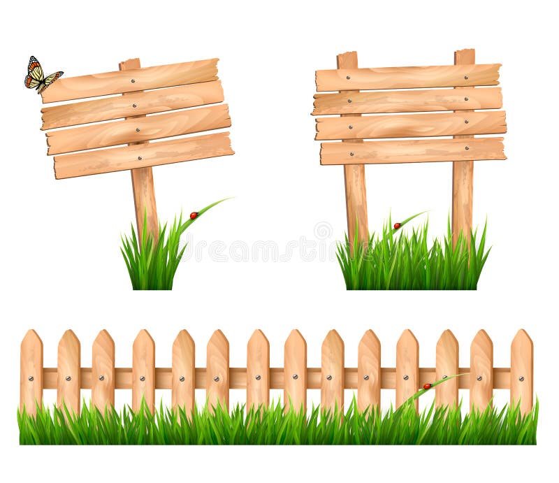 Two wooden signs and a fence with grass. Vector. Two wooden signs and a fence with grass. Vector.