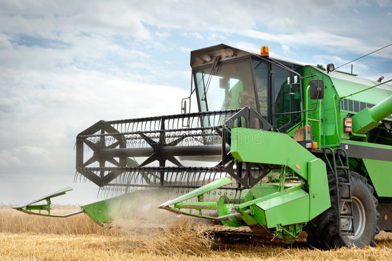 A combine harvester working in a wheat field. A combine harvester working in a wheat field