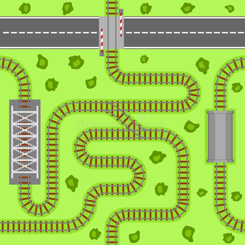 Railway seamless pattern, rail or railroad top view on the green grass. Train transportation track made of steel and wood, rail wavy or curvy, straight connections. Vector illustration. Railway seamless pattern, rail or railroad top view on the green grass. Train transportation track made of steel and wood, rail wavy or curvy, straight connections. Vector illustration