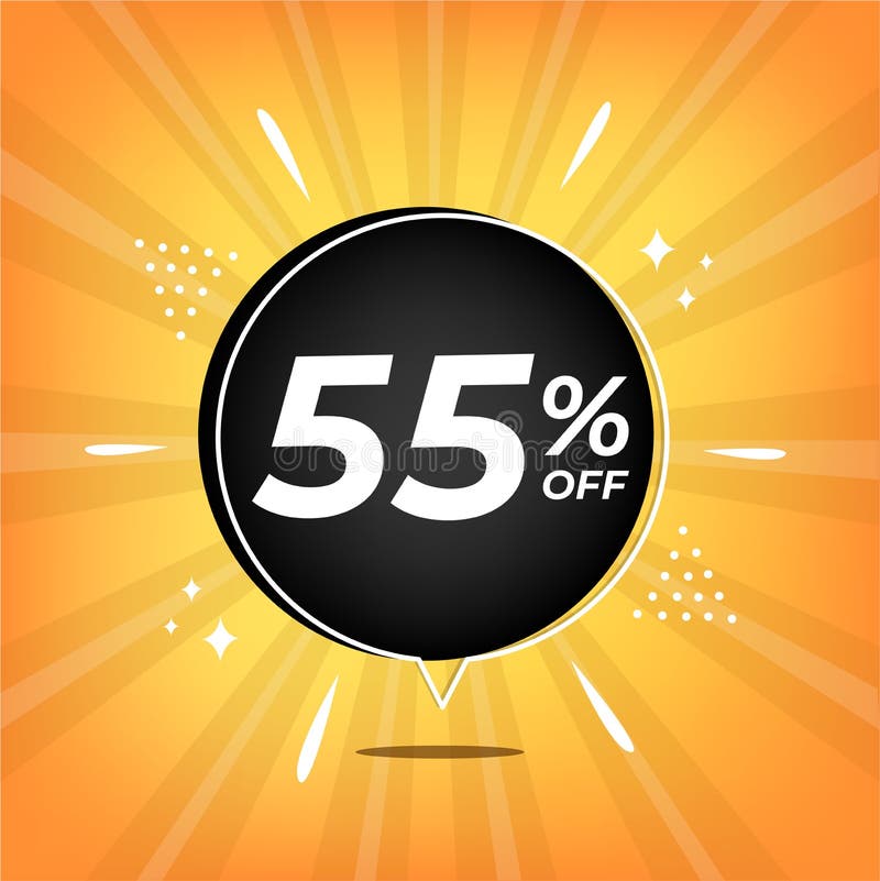 55. желтый баннер с 55% скидкой на черный шарик для мега-больших продаж. иллюстрация штока