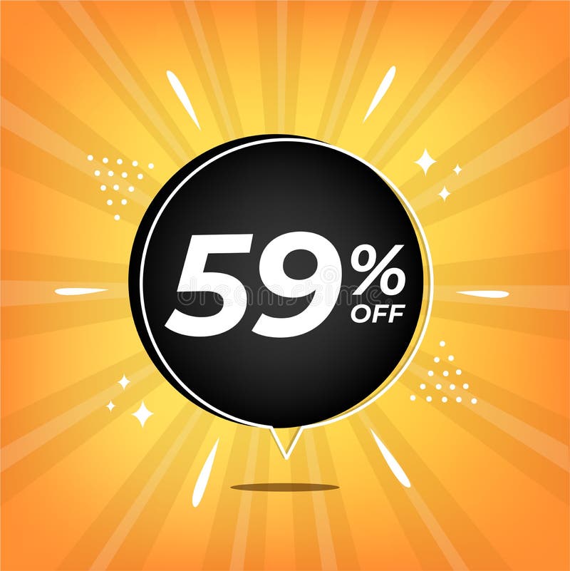 59. желтый баннер с 59% скидкой на черный шарик для мега-больших продаж. иллюстрация штока