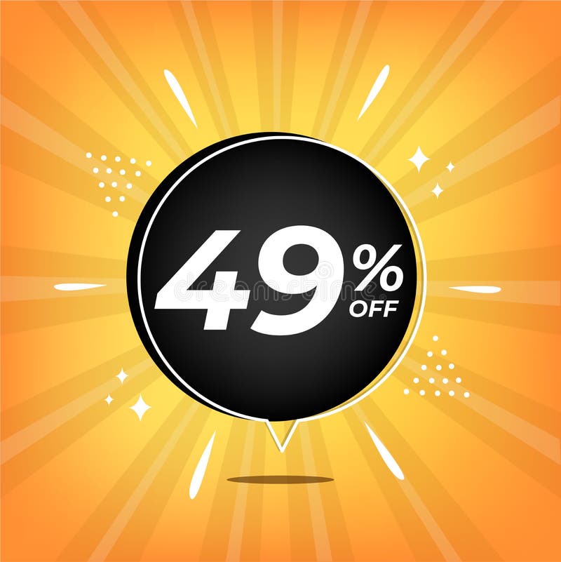49 процентов. желтый баннер со скидкой в 9% на черный шарик для мега-больших продаж.