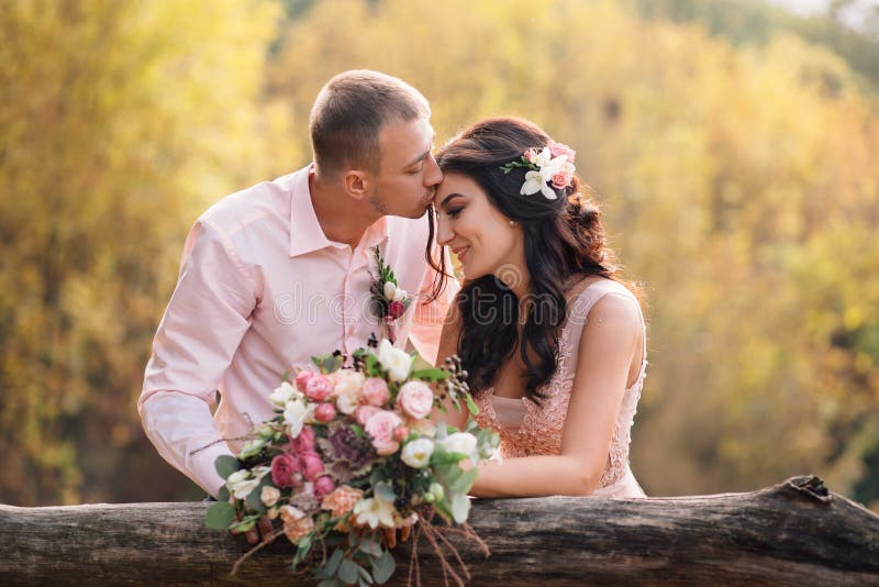 Жених и невеста около деревянной загородки Парень целует девушку на лбе Wedding в розовых цветах Девушка имеет стоковое изображение Жених и невеста около деревянной загородки Парень целует девушку на лбе Wedding в розовых цветах Девушка имеет стоковое изображение