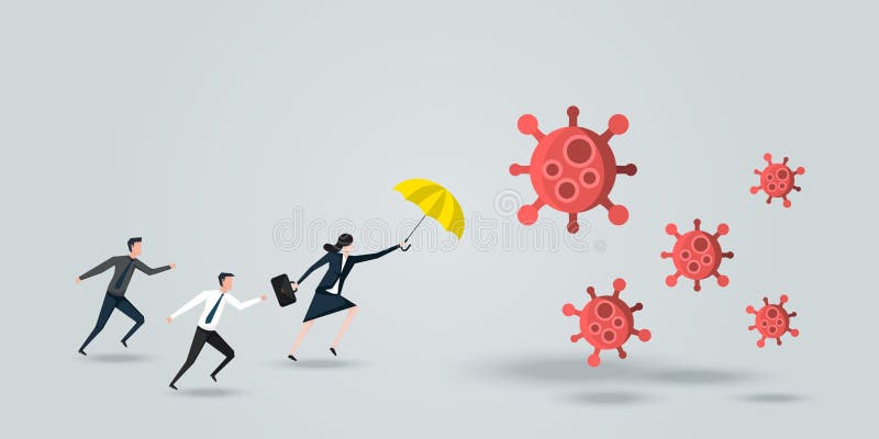 Female Leader Protect His Team, a Business Woman With Yellow Umbrella Defense Coronavirus 2019 or Covid-19, Business Concept of Teamwork and leadership. Vector Ilustration. Female Leader Protect His Team, a Business Woman With Yellow Umbrella Defense Coronavirus 2019 or Covid-19, Business Concept of Teamwork and leadership. Vector Ilustration