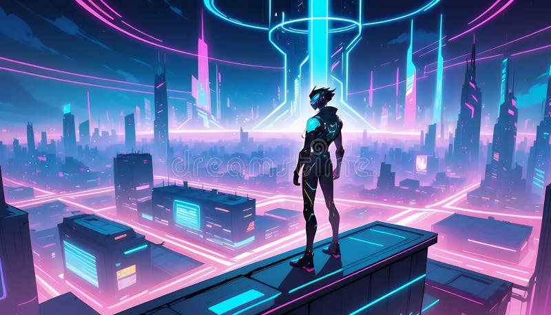 Женский персонаж в футуристическом городском пейзаже : Иллюстрация Pixel Art Cyberpunk иллюстрация штока