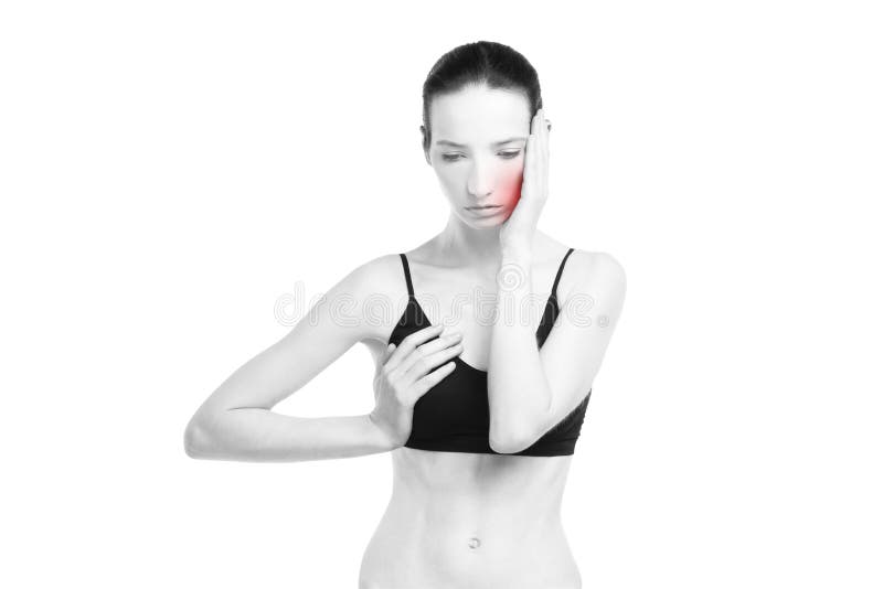 женщина боли в груди Мигрень и toothache Замучьте в человеческом теле изолированном на белой предпосылке стоковая фотография