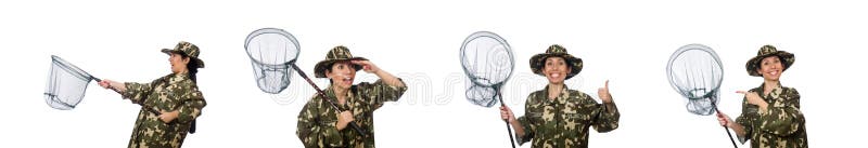 Женщина в военной одежде с улавливая сетью стоковое фото rf Женщина в военной одежде с улавливая сетью стоковое фото rf