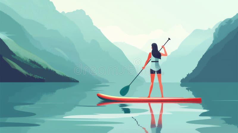 A woman is paddling on a stand-up paddleboard &#x28;SUP&#x29; on a mountain lake. Flat modern illustration style. Perfect for banners, posters, websites, and more. Copy space for text. AI generated. A woman is paddling on a stand-up paddleboard &#x28;SUP&#x29; on a mountain lake. Flat modern illustration style. Perfect for banners, posters, websites, and more. Copy space for text. AI generated