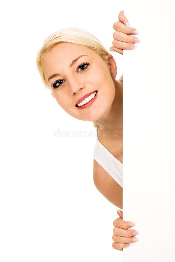 Beautiful young woman holding banner. Beautiful young woman holding banner