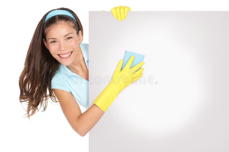 Cleaning lady holding and cleaning blank empty billboard paper sign. Cleaning lady holding and cleaning blank empty billboard paper sign.