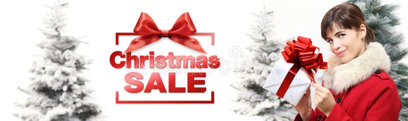 Christmas sale banner woman with gift box on white background with snowy trees. Christmas sale banner woman with gift box on white background with snowy trees