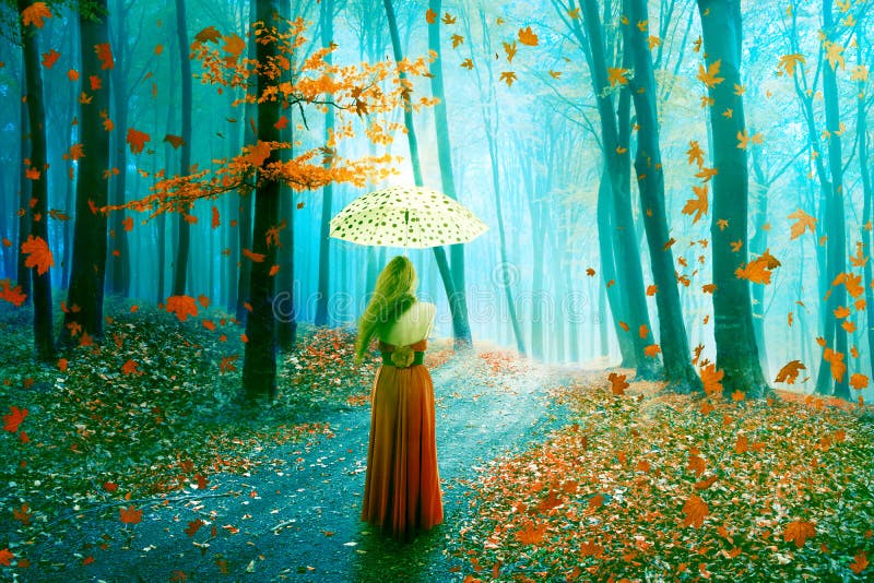 Женщина изображения фантазии красивая идя в лес в fairy мечтательной области стоковые изображения
