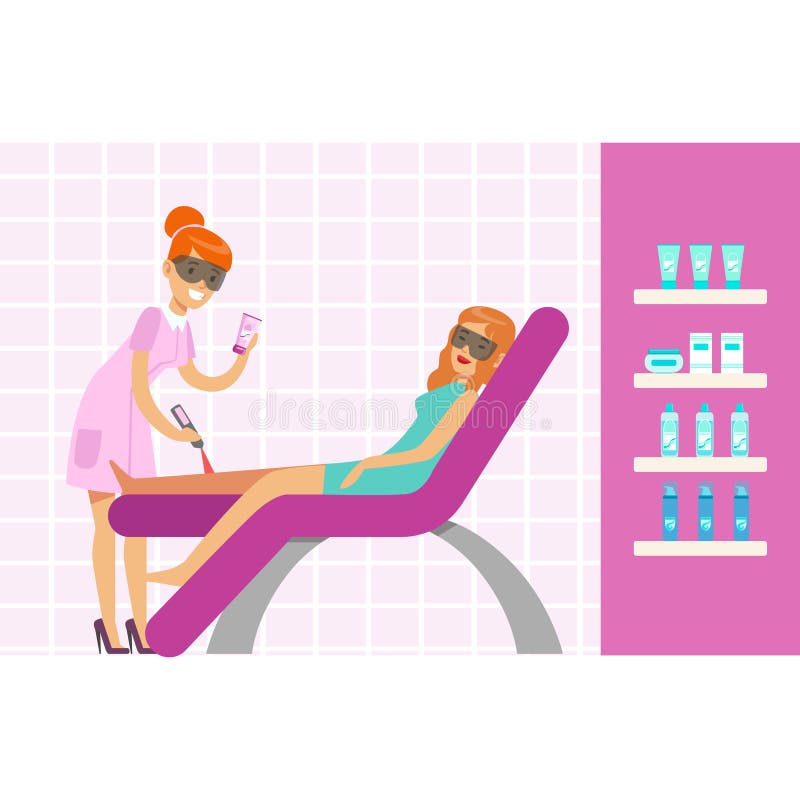 Женщина имея epilation ног с оборудованием удаления волос лазера Красочная иллюстрация вектора персонажа из мультфильма иллюстрация штока Женщина имея epilation ног с оборудованием удаления волос лазера Красочная иллюстрация вектора персонажа из мультфильма иллюстрация штока