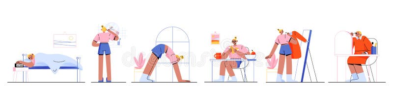 женщина, каждый день распорядок дня. женщина каждый день. векторная плоская иллюстрация девушки, просачивающейся в постельном чистоте, которая делает йогу завтраком, выбирает одежду для скиней и макияж