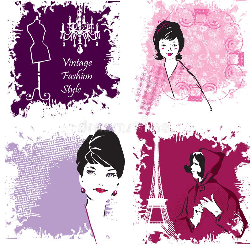 Set of Fashion Woman image retro cards in pink and purple colors. Set of Fashion Woman image retro cards in pink and purple colors