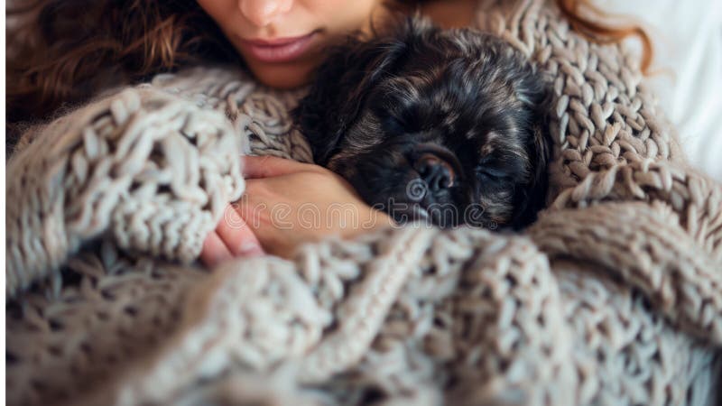 женщина, которая держит и обнимает милую дружелюбную и счастливую щенячью собаку смешанной породы, мятую монгрель бесплатная иллюстрация