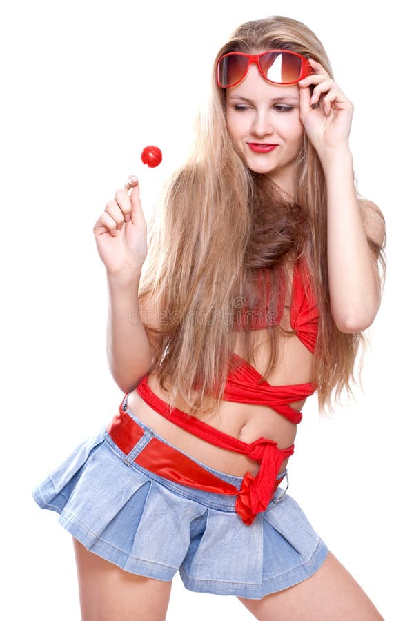 Woman in a red dress with the glasses on a white background. Woman in a red dress with the glasses on a white background