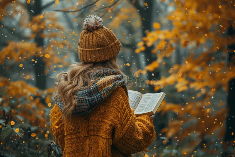 женщина мирно читает книгу на свежем воздухе, окруженная яркой осенней листвой и опавшей листвой иллюстрация штока