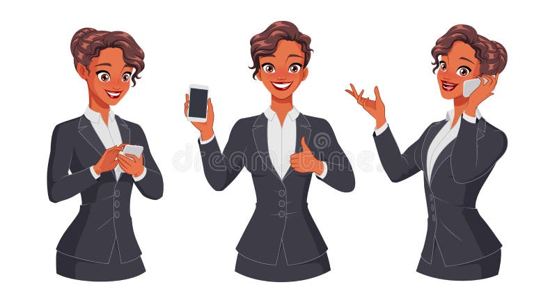 Pretty smiling business woman using smartphone. Text messaging, calling and showing thumb up. Release clipping masks for full size. Set of vector illustrations isolated on white background. Pretty smiling business woman using smartphone. Text messaging, calling and showing thumb up. Release clipping masks for full size. Set of vector illustrations isolated on white background.