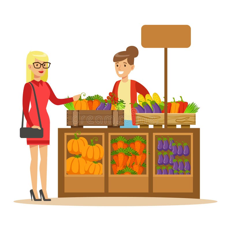 Woman Buying Fresh Vegetables From Farmer Working At The Farm And Selling On Natural Organic Product Market. Cartoon Happpy Character Growing Crops And Animals Professionally Vector Illustration. Woman Buying Fresh Vegetables From Farmer Working At The Farm And Selling On Natural Organic Product Market. Cartoon Happpy Character Growing Crops And Animals Professionally Vector Illustration.