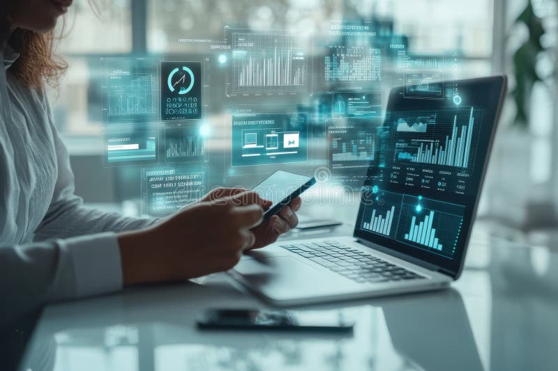 Женщина пользуется ноутбуком и мобильным телефоном для просмотра графиков и графиков стоковые изображения rf