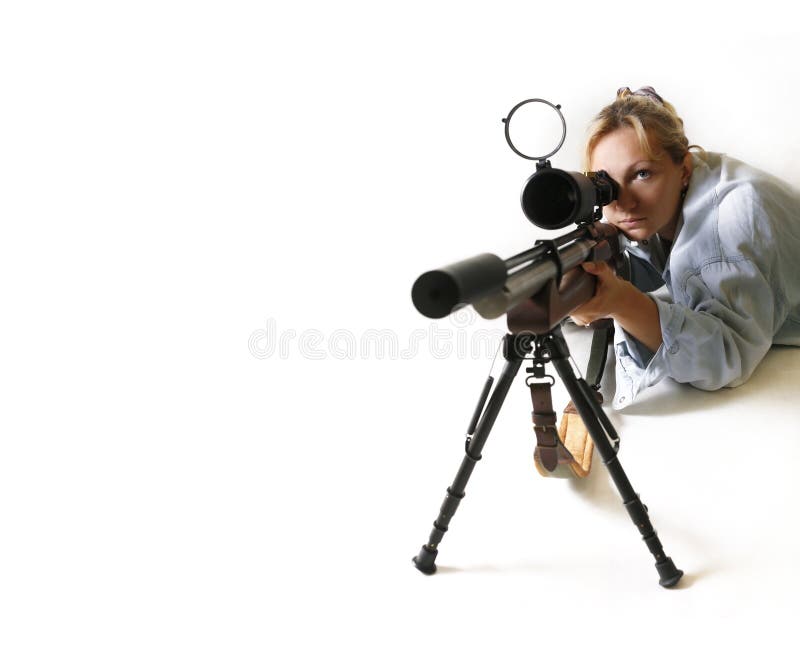 The girl with a gun on a white background. The girl with a gun on a white background