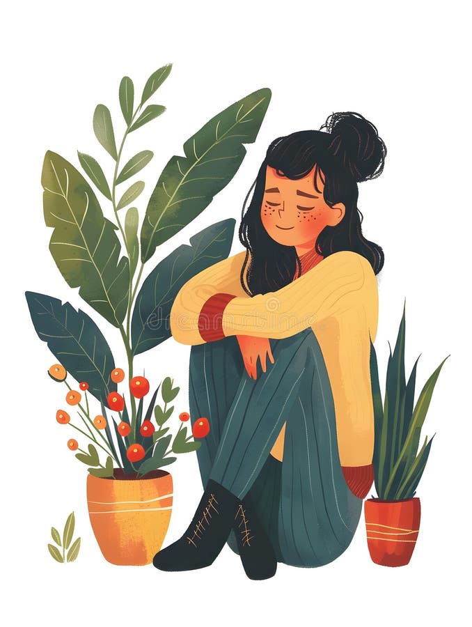 A woman with long hair is sitting on the ground next to a flowerpot with houseplants and flowers. She is making a gesture and there is a tree and a hat nearby AI generated. A woman with long hair is sitting on the ground next to a flowerpot with houseplants and flowers. She is making a gesture and there is a tree and a hat nearby AI generated