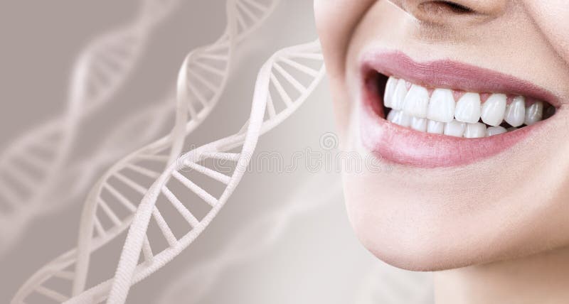 Woman with healthy teeth and smile among DNA chains over beige background. Woman with healthy teeth and smile among DNA chains over beige background.