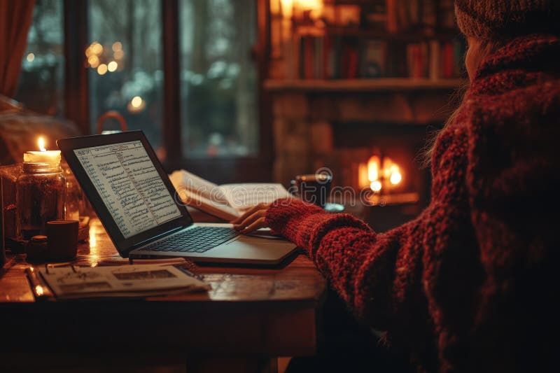 Женщина сидит за столом с ноутбуком и книгой иллюстрация штока