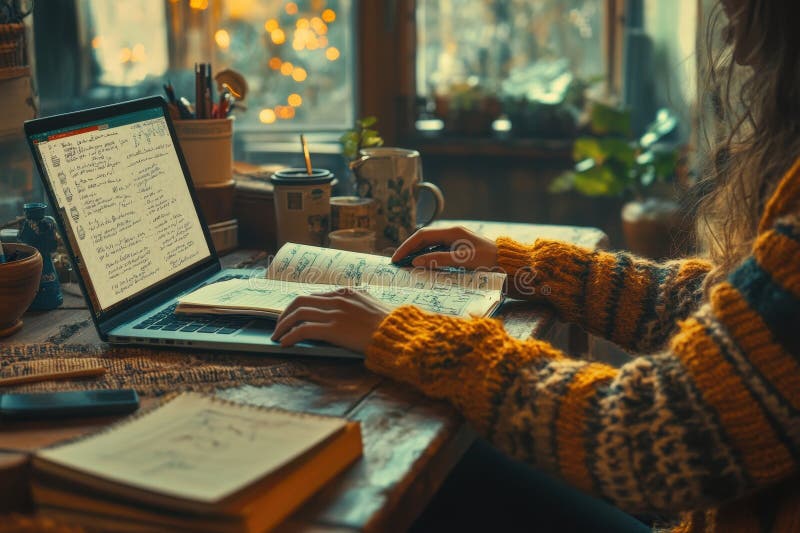 Женщина сидит за столом с ноутбуком и книгой иллюстрация штока
